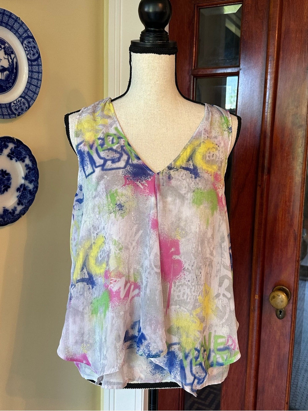 DKNY | Y2K Layered Chiffon Graffiti Print V-Neck Sleeveless Blouse, Size M